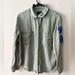 Rails Carter Sage Green Button Down with Blue Floral Embroidery - Size Medium
